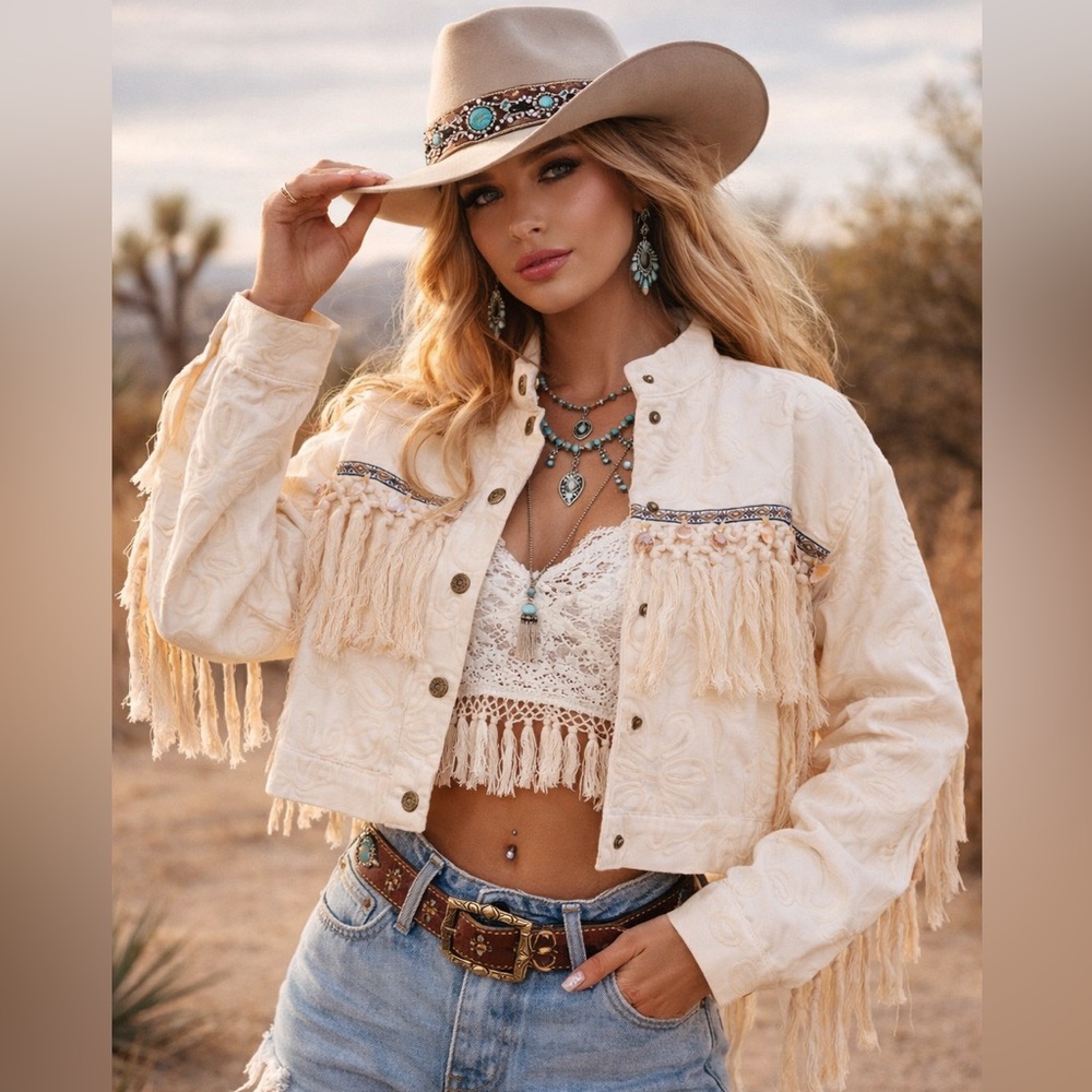 Galita Boho Western Cream Fringe Embroidered Cotton Denim Jacket Size Large